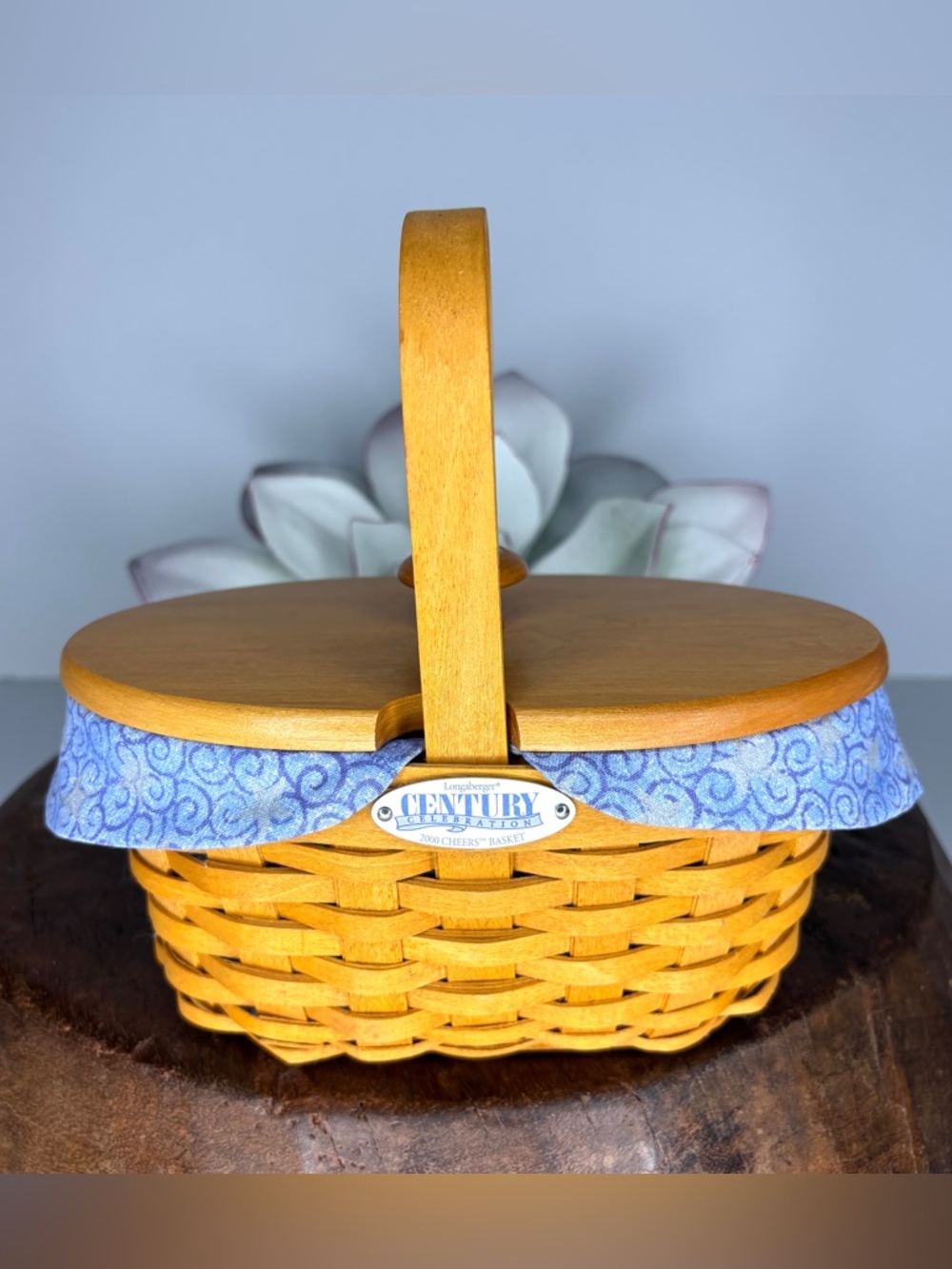 Longaberger 2000 cheers wood basket with lid, liner and insert cottagecore